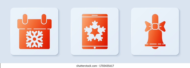 Set Christmas on smartphone and snowflake, Calendar and Merry Christmas ringing bell. White square button. Vector