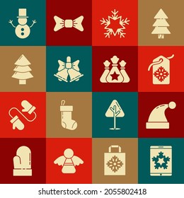 Set Christmas on smartphone and snowflake, Santa Claus hat, Price tag with inscription Sale, Snowflake, Merry ringing bell, tree, snowman and bag gift icon. Vector