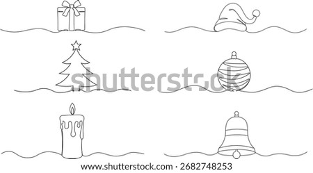 set of christmas one line doodles. christmas continuous on line drawing. gift box, christmas ball, christmas tree, santa claus hat, candle and bell on ine illustration