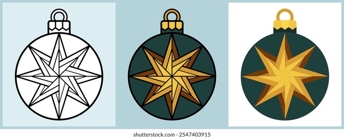 Set of Christmas Ornament Balls with 8 Point Gold Star Tree Topper, Outline Coloring Flat style. Vector illustration.