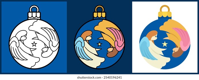 Set of Christmas Ornament Balls with Angel twin flying around a star, Outline Coloring Flat style. Vector illustration.