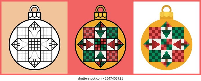 Set of Christmas Ornament Balls with Checkered pattern and Fir tree, Outline Coloring Flat style. Vector illustration.