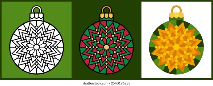 Set of Christmas Ornament Balls with Geometric Flower Mandala, Outline Coloring Flat style. Vector illustration.