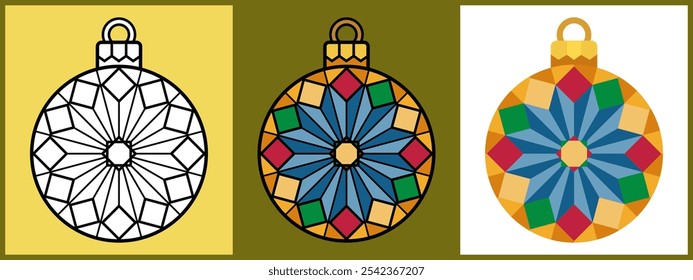 Set of Christmas Ornament Balls with Geometric Mandala Stained glass, Outline Coloring Flat style. Vector illustration.