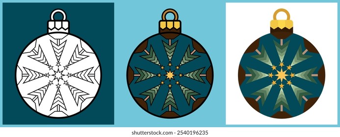 Set of Christmas Ornament Balls with Gold Star Tree topper, Outline Coloring Flat style. Vector illustration.