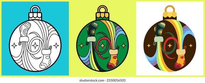 Set of Christmas Ornament Balls with Magic Socks, Outline Coloring Flat style. Vector illustration.