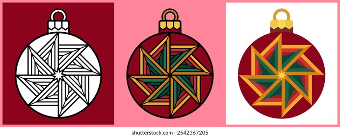 Set of Christmas Ornament Balls with Metal Windmill Toy, Outline Coloring Flat style. Vector illustration.