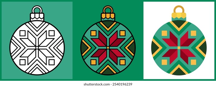 Set of Christmas Ornament Balls with Red Arrow tail Icon point to center, Outline Coloring Flat style. Vector illustration.