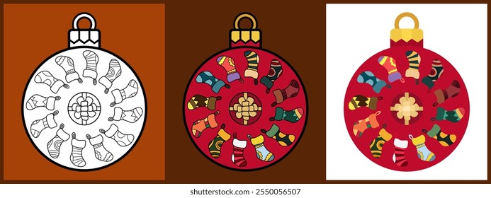Set of Christmas Ornament Balls with Socks Surrounded a Gift Box, Outline Coloring Flat style. Vector illustration.