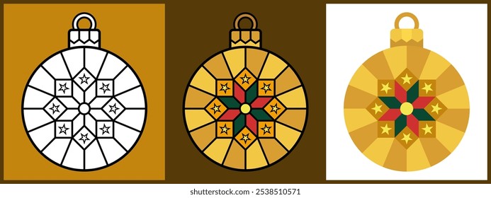 Set of Christmas Ornament Balls with Stars surround the Symbol, Outline Coloring Flat style. Vector illustration.