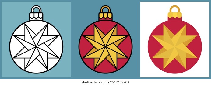 Set of Christmas Ornament Balls with Windmill Origami, Outline Coloring Flat style. Vector illustration.