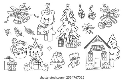 Set of Christmas ornament collection, a warm home, Christmas tree, Little bear holding gifts at a party and Christmas decorations. Line drawings for decorating cards, invitations.