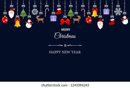 Set of Christmas ornament elements hanging on wallpaper background. Vector illustration for Christmas, happy new year and winter season decoration.