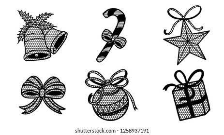 Set of christmas ornament lace silhouette on white background.Black and white sticker vector by hand drawing