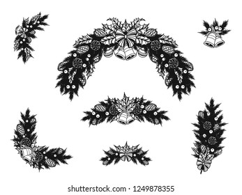 Set of christmas ornament silhouette on white background.Black and white graphic vector by hand drawing