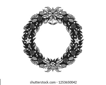 Set of christmas ornament silhouette on white background.Black and white graphic vector by hand drawing