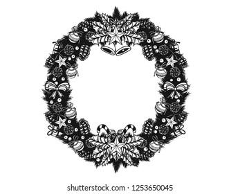 Set of christmas ornament silhouette on white background.Black and white sticker vector by hand drawing