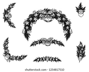 Set of christmas ornament silhouette on white background.Black and white christmas sticker vector by hand drawing