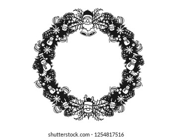 Set of christmas ornament silhouette on white background.Black and white christmas sticker vector by hand drawing