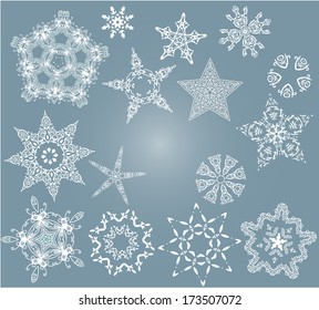 Set of christmas ornament star, on the blue background.