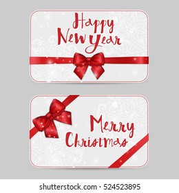 Set of Christmas ornamental Card Templates with Shiny holiday red satin ribbon bow on white lacy background. Vector New Year template for greetings, invitations, vouchers, gift cards