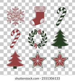 Set of Christmas Ornamental Vector Icons on a Transparent Background