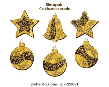 Set of christmas ornaments, ball, bell, stars made of shiny brass, gold metal plates, gears, cogwheels, rivets in steampunk style. Vector illustration.