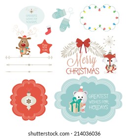 Set of christmas ornaments and decorative elements, vintage banner, ribbon, labels, frames, badge, stickers. Vector Christmas element. Vintage characters