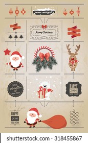 Set of Christmas ornaments and decorative elements, vintage banner, ribbon, labels, frames, badge, stickers. Vintage Santa Claus