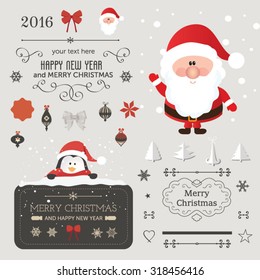 Set of Christmas ornaments and decorative elements, vintage banner, ribbon, labels, frames, badge, stickers. Vintage Santa Claus