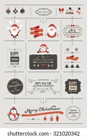 Set of Christmas ornaments and decorative elements, vintage banner, ribbon, labels, frames, badge, stickers. Vintage Santa Claus