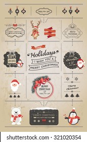 Set of Christmas ornaments and decorative elements, vintage banner, ribbon, labels, frames, badge, stickers. Vintage Santa Claus