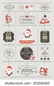 Set of Christmas ornaments and decorative elements, vintage banner, ribbon, labels, frames, badge, stickers. Vintage Santa Claus