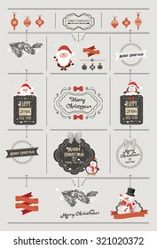 Set of Christmas ornaments and decorative elements, vintage banner, ribbon, labels, frames, badge, stickers. Vintage Santa Claus