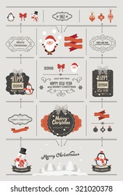 Set of Christmas ornaments and decorative elements, vintage banner, ribbon, labels, frames, badge, stickers. Vintage Santa Claus