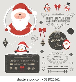 Set of Christmas ornaments and decorative elements, vintage banner, ribbon, labels, frames, badge, stickers. Vintage Santa Claus