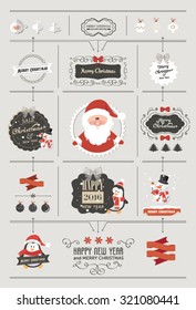 Set of Christmas ornaments and decorative elements, vintage banner, ribbon, labels, frames, badge, stickers. Vintage Santa Claus