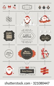 Set of Christmas ornaments and decorative elements, vintage banner, ribbon, labels, frames, badge, stickers. Vintage Santa Claus