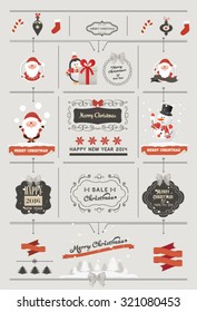 Set of Christmas ornaments and decorative elements, vintage banner, ribbon, labels, frames, badge, stickers. Vintage Santa Claus