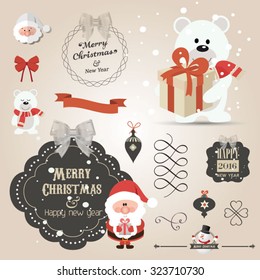 Set of Christmas ornaments and decorative elements, vintage frames, labels, stickers. Christmas vector element. Vintage Santa Claus and friends