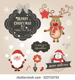 Set of Christmas ornaments and decorative elements, vintage frames, labels, stickers. Christmas vector element. Vintage Santa Claus and friends