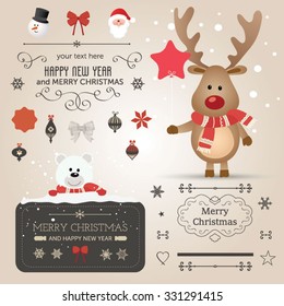 Set of Christmas ornaments and decorative elements, vintage frames, labels, stickers. Christmas element. Vintage Santa Claus and reindeer