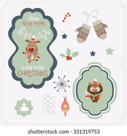 Set of Christmas ornaments and decorative elements, vintage frames, labels, stickers. Christmas element. Vintage Christmas characters