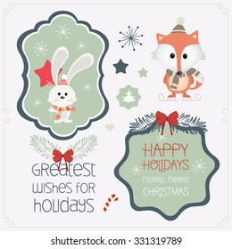 Set of christmas ornaments and decorative elements, vintage frames, labels, stickers. Christmas element. Vintage Christmas characters