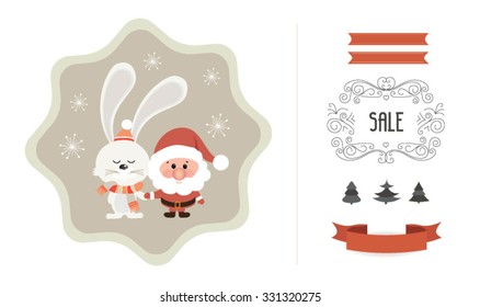 Set of christmas ornaments and decorative elements, vintage frames, labels, stickers. Christmas element. Vintage santa claus