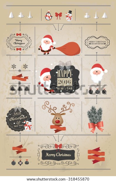 Set of Christmas ornaments and decorative elements,
vintage banner, ribbon, labels, frames, badge, stickers. Vintage
Santa Claus