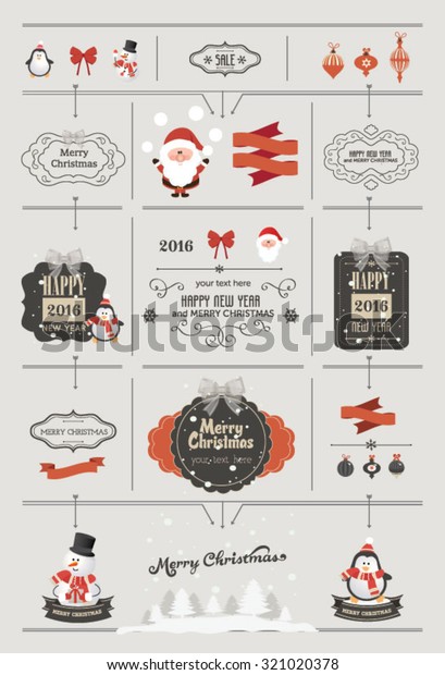 Set of Christmas ornaments and decorative elements,\
vintage banner, ribbon, labels, frames, badge, stickers. Vintage\
Santa Claus
