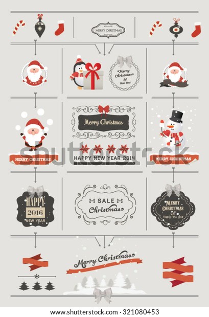Set of Christmas ornaments and decorative elements,\
vintage banner, ribbon, labels, frames, badge, stickers. Vintage\
Santa Claus