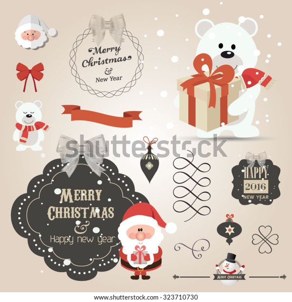 Set of Christmas ornaments and decorative\
elements, vintage frames, labels, stickers. Christmas vector\
element. Vintage Santa Claus and\
friends