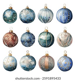 Set of  Christmas ornaments featuring winter scenes, snowflakes, and evergreen trees. Perfect for holiday decorations, adding a festive and elegant touch to any Christmas tree.